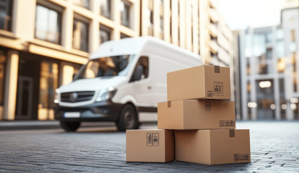 delivery van parked beside stacked cardboard boxes on urban street